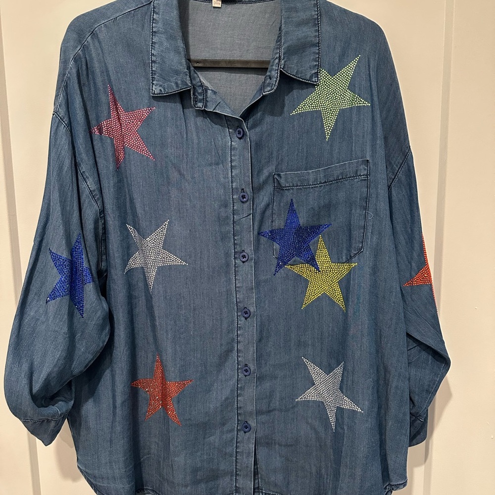 Denim Shirt with Colorful Star Accents